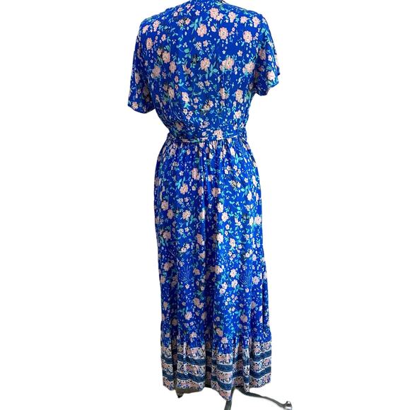 Zesica Boho Style Wrap Maxi Dess in Blue & Floral Print Size Large - Picture 3 of 11